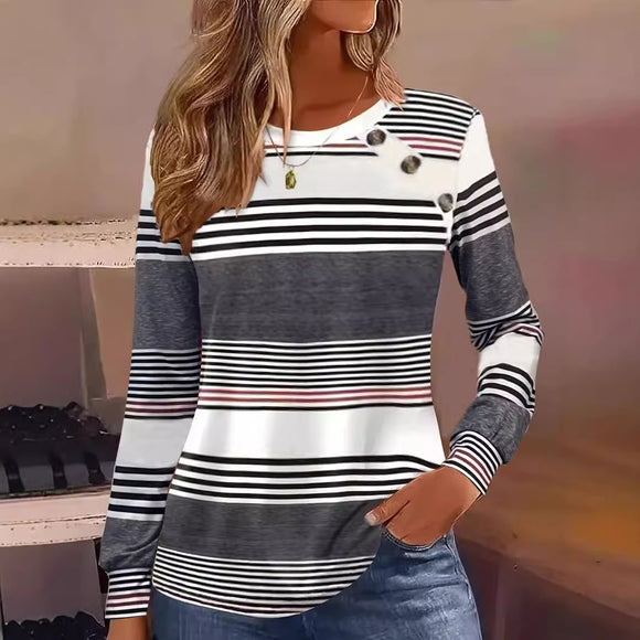 Blusa Casual de Rayas con Botones y Manga Larga para Mujer