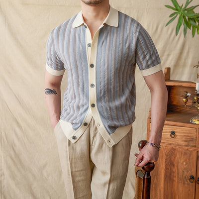 Suéter de Manga Corta con Jacquard Rayado y Costuras Decorativas para Hombre - Image 7