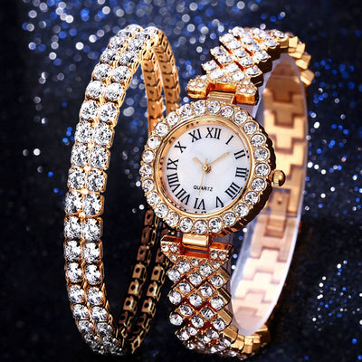 Reloj de Cuarzo Lujo con Diamantes y Pulsera Doble Capa - Set 2 Piezas - Image 8