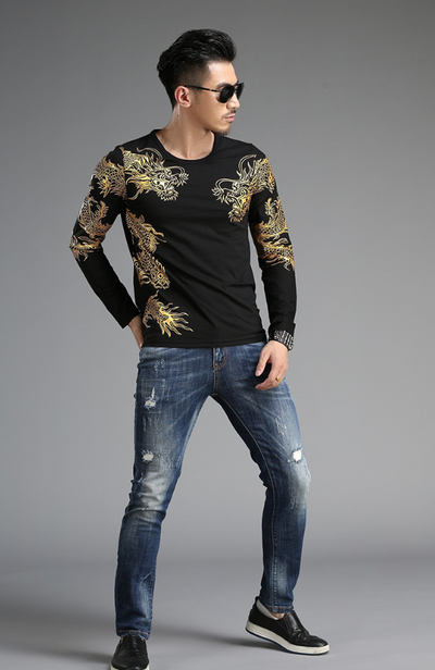 Playera Manga Larga Cuello Redondo Estilo Chino Dragón 3D Slim Fit - Image 2