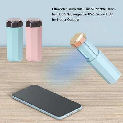 Portable UVC germicidal wand with an octagonal light blue body and a dark brown cap, featuring visible UVC bulbs. - Image 6