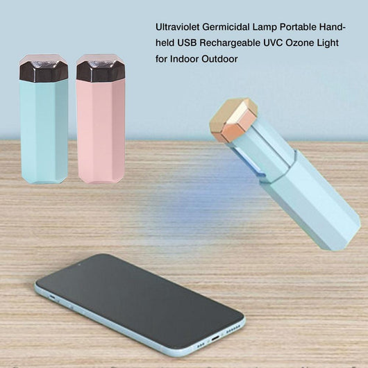 Portable UVC germicidal wand with an octagonal light blue body and a dark brown cap, featuring visible UVC bulbs. - Image 6