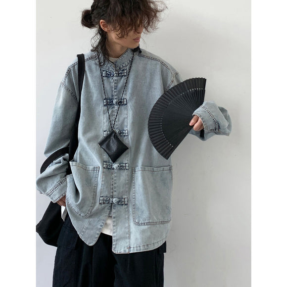 Camisa Denim Unisex con Cuello Parado y Botones Rana Retro