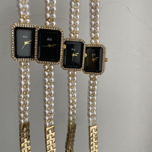 Reloj de Pulsera Cuarzo Perla Negra Cuadrado con Diamantes Plata - Image 2