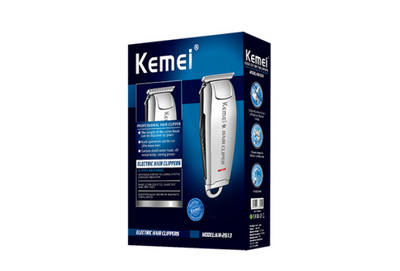 Silver rechargeable hair clipper with EU plug charger, cleaning brush, and four black guide combs on a white background. - Image 26