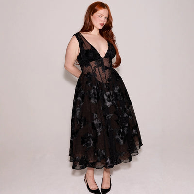 Vestido de Noche Elegante Negro Escote en V Profundo Malla - Image 4