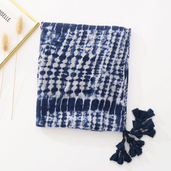 Pañuelo Tie-Dye Azul y Blanco de Algodón y Lino - Protección Solar Retro para Viajes