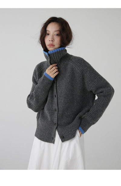 Cardigan de Lana Tejida con Cuello Bicolor - Abrigo de Botón Simple - Image 21