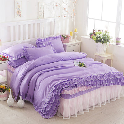 Juego de Cama Princesa con Encaje - Cubrecama Estilo Falda de Cama Cuatro Piezas Color Sólido - Image 5