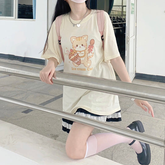 Playera Gato Kawaii Helado - Diseño Cartoon Suave y Cómoda para Verano