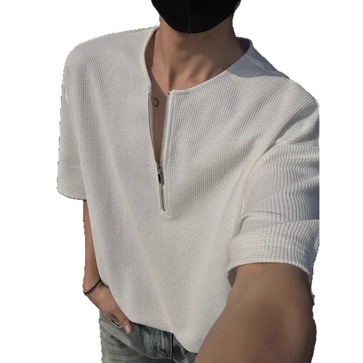 Playera Manga Corta Cuello Medio Cierre con Textura Waffle para Hombre - Image 6