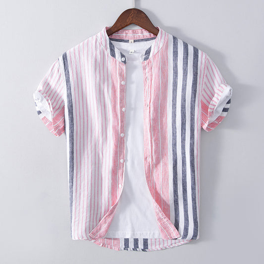 Camisa Casual de Lino Manga Corta a Rayas para Hombre Transpirable - Image 2