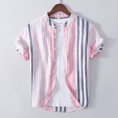 Camisa Casual de Lino Manga Corta a Rayas para Hombre Transpirable - Image 2