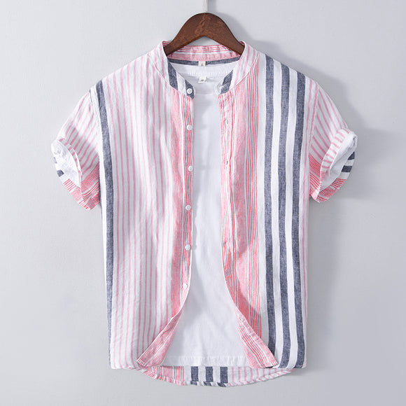 Camisa Masculina Casual de Linho Listrada de Manga Curta Respirável