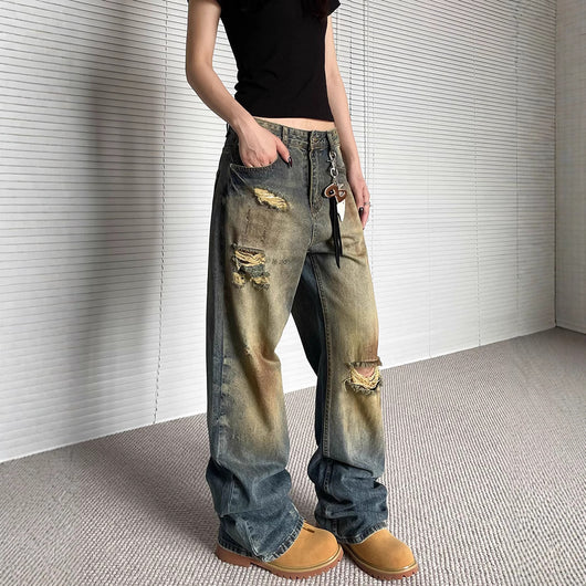 Pantalones Vaqueros Rotos Oversize Rectos de Pierna Ancha - Estilo Urbano Descontracturado - Image 4