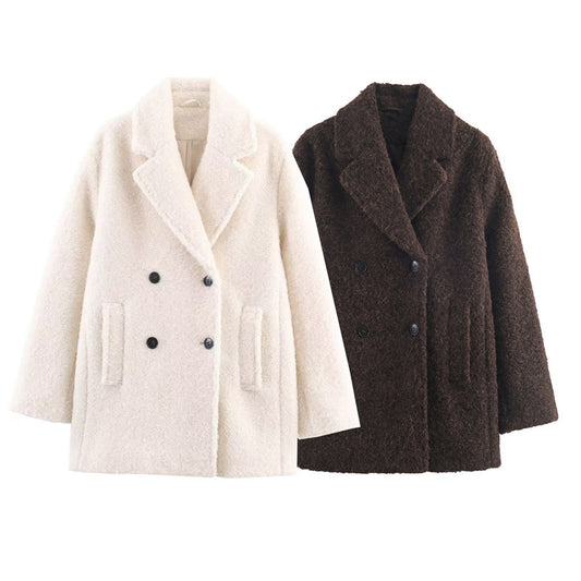 Abrigo Boucle Suelto Doble Botonadura Largo Otoño Invierno