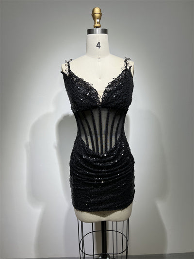Vestido Corto Negro con Lentejuelas y Tirantes Transparentes - Image 12