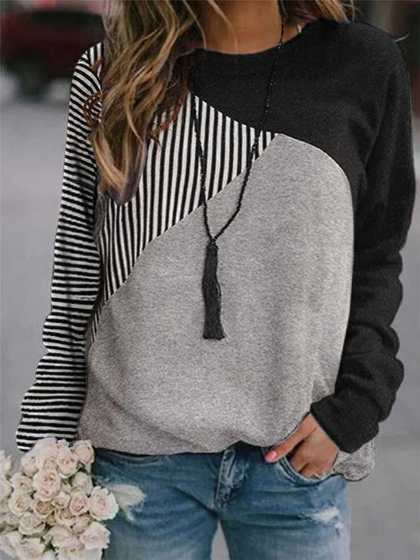 Suéter Mujer Cuello Redondo Manga Larga con Detalles de Costura a Contraste