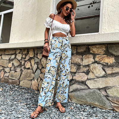 Pantalones Rectos Casuales para Mujer con Estampado Floral y Cordones - Image 4