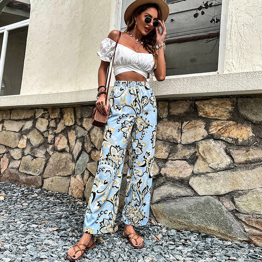 Pantalones Rectos Casuales para Mujer con Estampado Floral y Cordones - Image 4