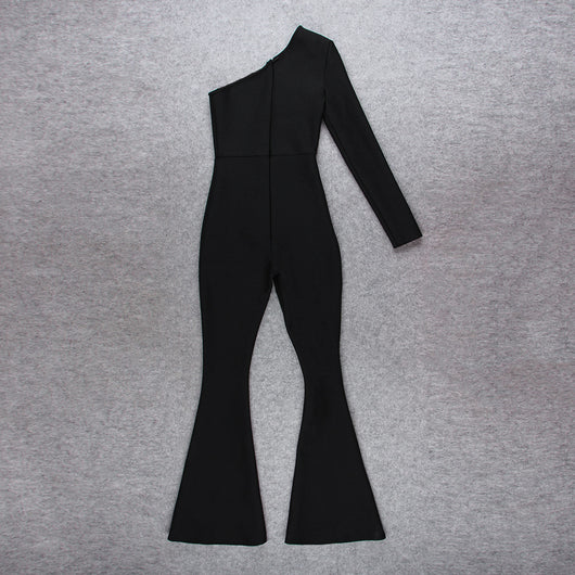 Jumpsuit Asimétrico de Cintura Alta con Pantalón Acampanado de Malla - Image 7