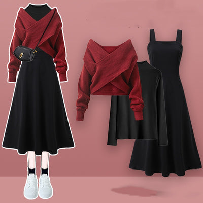 Conjunto de 3 Piezas: Suéter Cruzado con Vestido Base y Blusa - Image 3