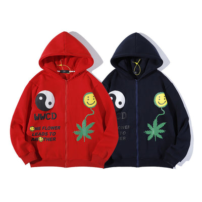 Sudadera con Capucha y Cierre de Hoja de Cáñamo 3D Smiley