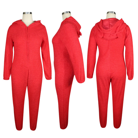 Pijama Enterizo Cálido con Capucha y Orejas - Felpa Suave de Color Liso - Image 24