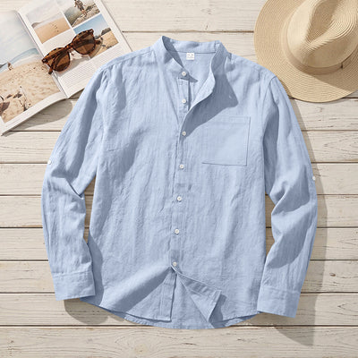 Camisa de Lino Estilo Americano con Cuello Mao y Mangas Medianas para Hombre - Image 9