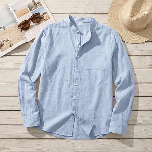 Camisa de Lino Estilo Americano con Cuello Mao y Mangas Medianas para Hombre - Image 9