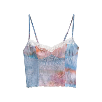 Blusa Corta Slim Fit con Detalles de Encaje y Parches en Malla Degradada