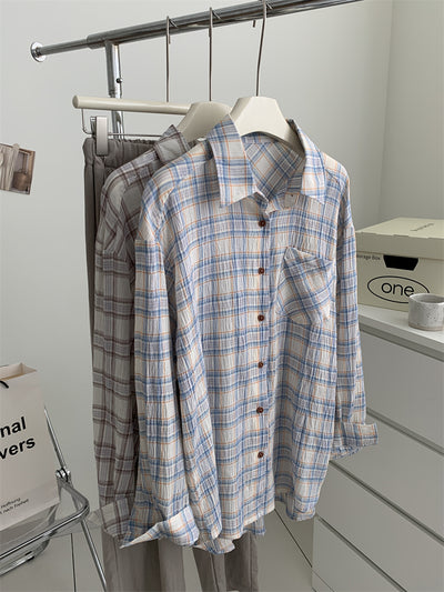 Camisa Cuadriculada de Algodón Retro Lavado Artístico para Mujer - Image 10
