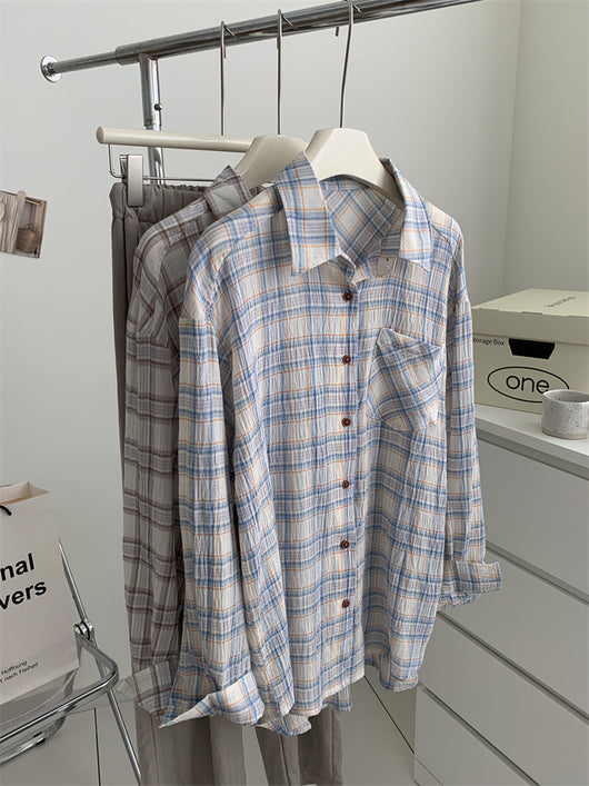 Camisa Cuadriculada de Algodón Retro Lavado Artístico para Mujer - Image 10