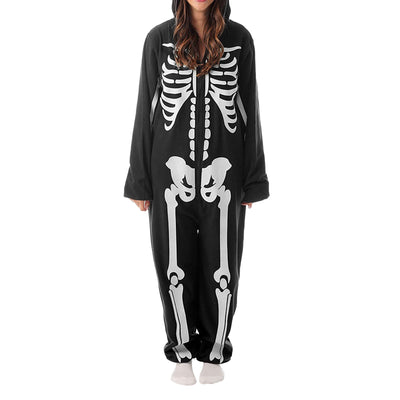 Black hooded one-piece skeleton pajamas with white bone print and front zipper, perfect for Halloween. - Image 6