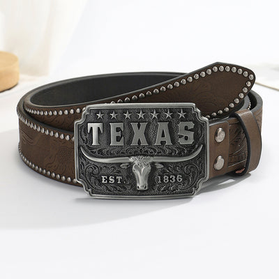 Cinturón Vaquero Occidental con Hebilla de Cabeza de Vaca en Relieve Retro Americano