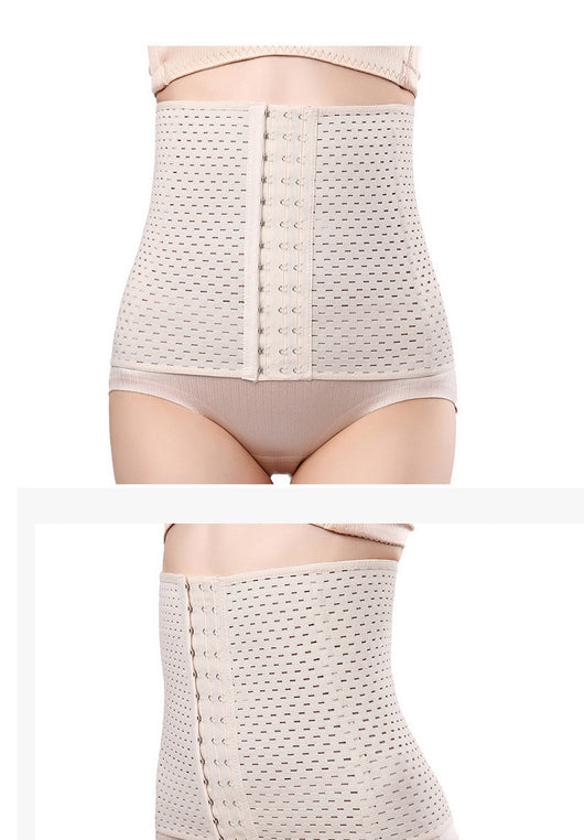 Beige ladies' postpartum tummy tuck body shaper with multiple hook-and-eye closures and a perforated design. - Image 11