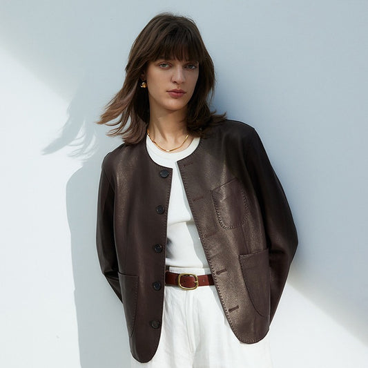 Chaqueta Corta de Cuero Genuino para Mujer - Cuello Redondo en Piel de Borrego