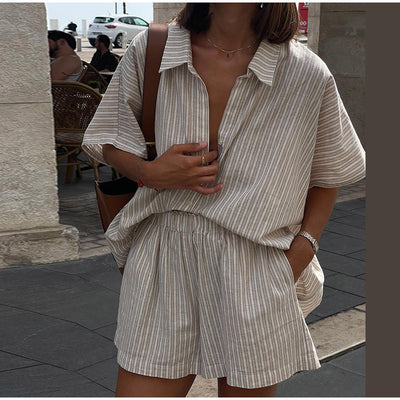 Conjunto de Camisa y Shorts a Rayas Holgado y Casual - Image 13