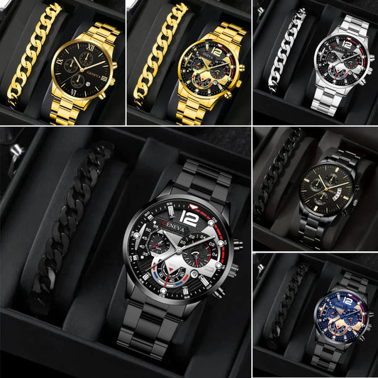 Set de 2 Relojes de Acero para Hombre con Pulsera - Diseño Ejecutivo Tres Ojos