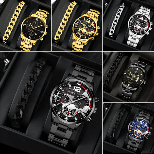 Set de 2 Relojes de Acero para Hombre con Pulsera - Diseño Ejecutivo Tres Ojos