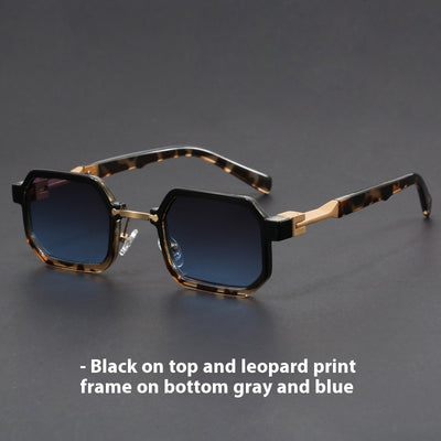 Retro polygon sunglasses for women with a leopard print frame and blue-tinted lenses. - Image 23
