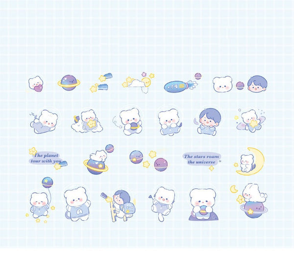 Waxy Ji Blue Mian Series cartoon stickers featuring cute bears and a boy in space with planets, stars, and rockets. - Image 3