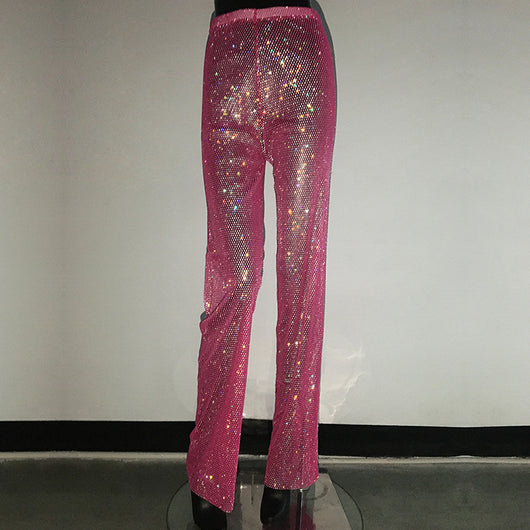 Pantalones Anchos de Tiro Alto con Detalles de Strass y Malla - Image 8