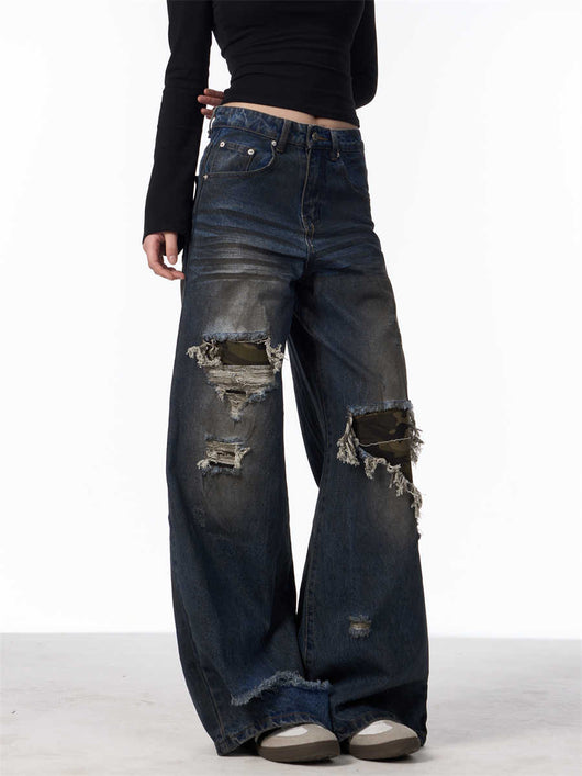 Pantalones Vaqueros Rotos Camuflaje Mujer Cintura Alta Pierna Recta Oversize - Image 16