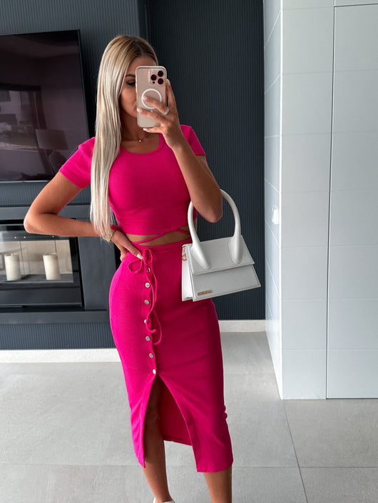 Conjunto Casual Dos Piezas: Blusa Manga Corta con Falda Midi Envolvente - Image 5