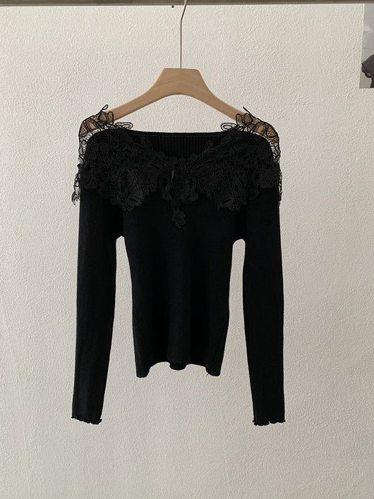 Suéter Tejido con Encaje Calado y Cuello en V para Mujer - Colección Otoño Invierno - Image 5
