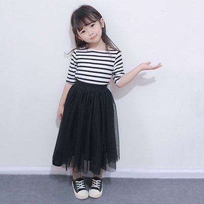 Children's two-piece dress with a black and white striped short-sleeve top and a black gathered tulle skirt. - Image 8