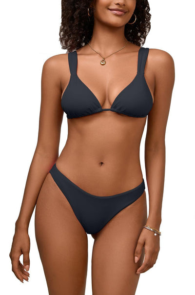 Woman wearing a solid brown lace-up bikini swimsuit with a triangle top and high-cut bottom. - Image 4