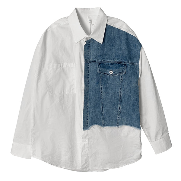Camisa Denim Primavera con Empalmes de Diseño para Hombre
