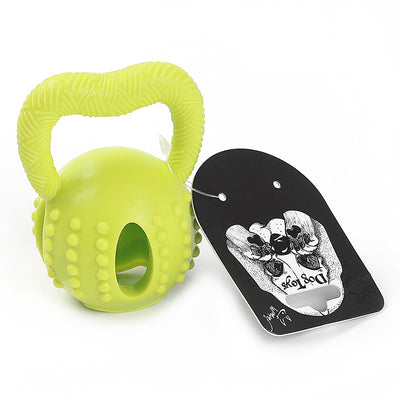 Green kettlebell-shaped TPR dog toy with a textured handle, nubs for molar cleaning, and a treat-dispensing opening. - Image 4